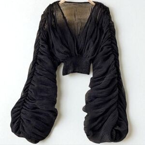 WoWo Black Ruched Balloon Sleeve Sheer Crop Top Witchcore Sz.XL